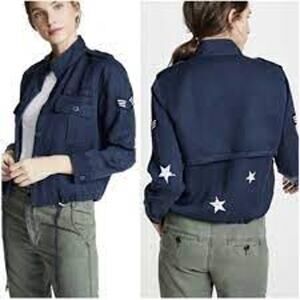 Rails Grant Military Jacket Linen Tencel Indigo Stars Patches Women Small